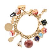 A VINTAGE GOLD CHARM BRACELET in yellow gold, comprising a fancy link chain, suspending five