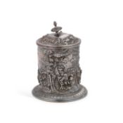 A 19TH CENTURY SILVER-PLATED TOBACCO JAR AND COVER