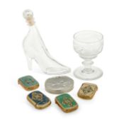 FOUR BRASS AND ENAMEL VESTA CASES, A JAMES DIXON CORNISH PEWTER SNUFF BOX AND TWO PIECES OF GLASS