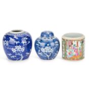 TWO CHINESE BLUE AND WHITE GINGER JARS AND A FAMILLE ROSE JAR