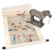 A CHINESE SCROLL PICTURE TOGETHER WITH A TANG STYLE HORSE