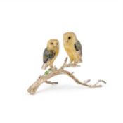 AN ITALIAN SILVER AND ENAMEL MODEL OF OWLS