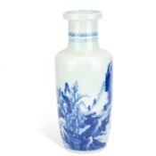 A LARGE CHINESE BLUE AND WHITE PORCELAIN 'LANDSCAPE' ROULEAU VASE