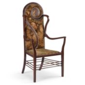 AN ART NOUVEAU MAHOGANY AND UPHOLSTERED OPEN ARMCHAIR IN THE MANNER OF J.S. HENRY