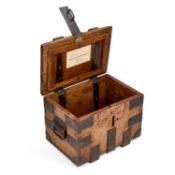A 19TH CENTURY IRON-BOUND OAK STRONG BOX