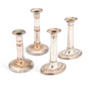 TWO PAIRS OF OLD SHEFFIELD PLATED CANDLESTICKS