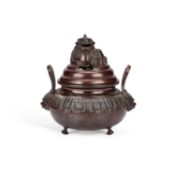 A CHINESE BRONZE TRIPOD CENSER AND COVER PROBABLY MING DYNASTY