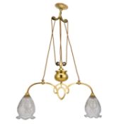 AN EDWARDIAN BRASS RISE AND FALL CEILING LIGHT
