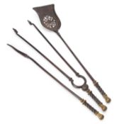 A SET OF THREE 19TH CENTURY STEEL AND BRASS FIRE IRONS