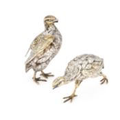 A PAIR OF BELGIAN PARCEL-GILT SILVER MODELS OF QUAILS EARLY 20TH CENTURY