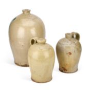 THREE SALT-GLAZED STONEWARE FLAGONS