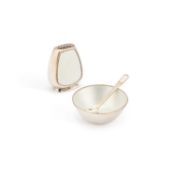 A MID-20TH CENTURY DANISH STERLING SILVER AND GUILLOCHÉ ENAMEL CRUET SET