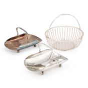 A PAIR OF VICTORIAN SILVER-PLATE BASKETS AND A SILVER-PLATED WIREWORK SWING-HANDLED BASKET