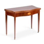 A GEORGE III STYLE INLAID MAHOGANY SERPENTINE FOLDOVER TEA TABLE CIRCA 1900