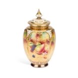 A ROYAL WORCESTER FRUIT-PAINTED POTPOURRI VASE AND COVER