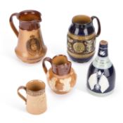 A GROUP OF ROYAL DOULTON AND COPELAND COMMEMORATIVE STONEWARE JUGS