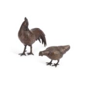 A PAIR OF JAPANESE BRONZE CHICKENS MEIJI PERIOD