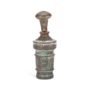 A MIDDLE EASTERN SILVER-INLAID BRONZE KOHL BOTTLE AND APPLICATOR