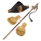 AN EARLY 20TH CENTURY NAVAL OFFICERS SWORD, BOXED BICORN HAT, BOXED EPAULETTES AND SWORD BELT