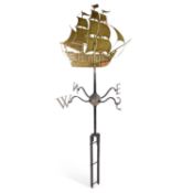 A LARGE BRASS AND IRON SHIP-FORM WEATHERVANE