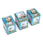 A PAIR OF ENGLISH ENAMEL TEA CADDIES AND A SUGAR BOX SOUTH STAFFORDSHIRE, CIRCA 1770