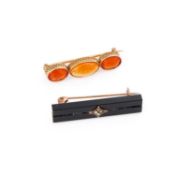 A FRENCH GOLD FIRE OPAL BROOCH AND A VICTORIAN 9 CARAT ONYX AND SEED PEARL BROOCH