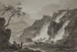 18TH CENTURY ENGLISH SCHOOL ITALIANATE LANDSCAPE WITH WATERFALLS AND FIGURES