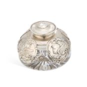 AN EDWARDIAN SILVER-MOUNTED GLASS INKWELL