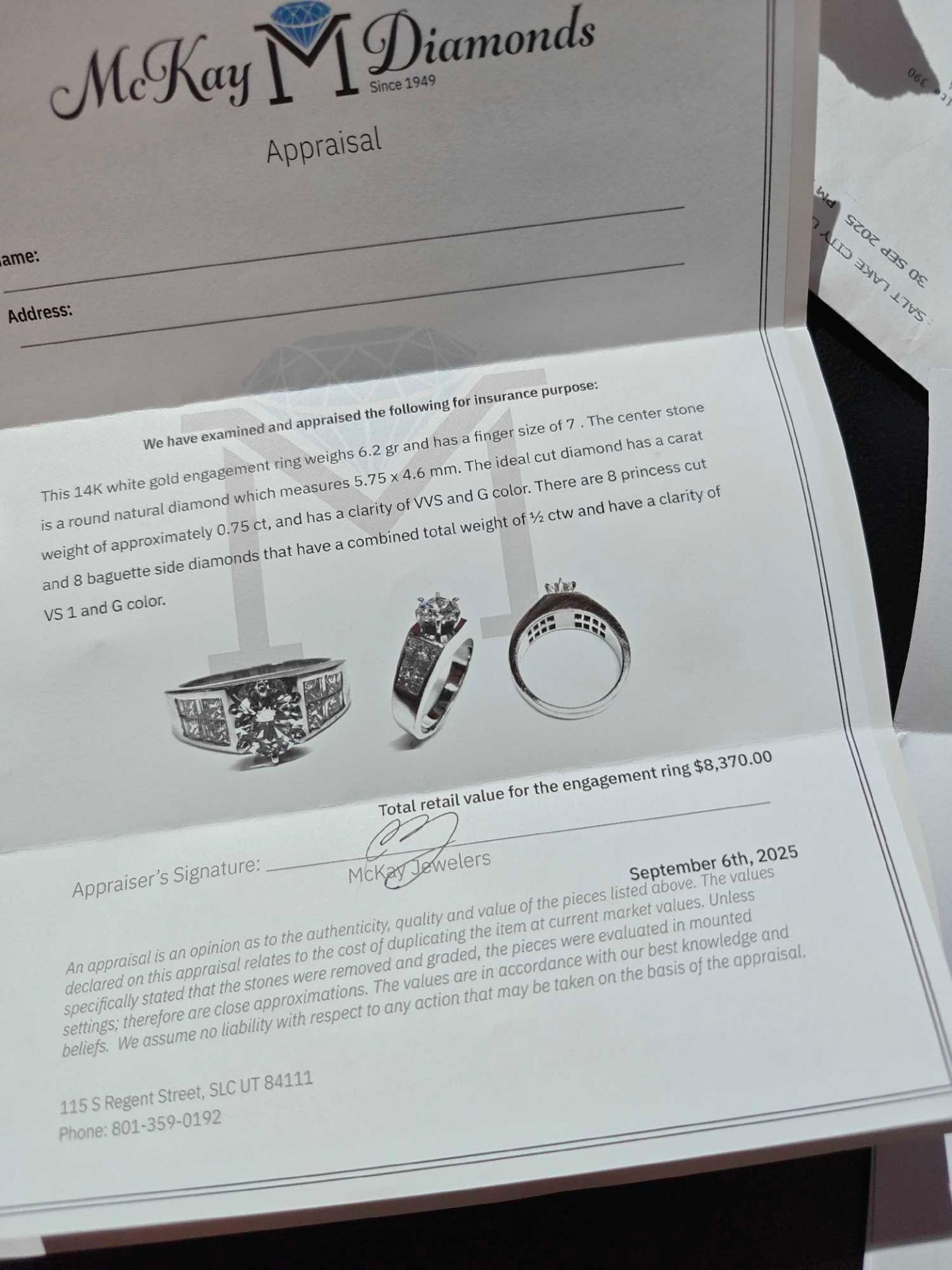 14kt white gold engagement ring, size .75 carat with 8 princess and 8 baguette side cuts with apprai - Image 7 of 11