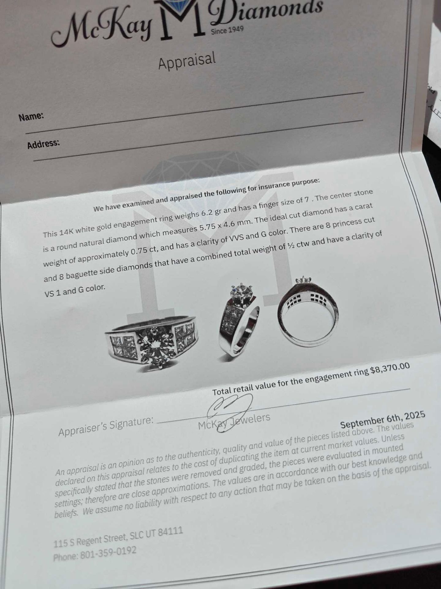 14kt white gold engagement ring, size .75 carat with 8 princess and 8 baguette side cuts with apprai - Image 6 of 11