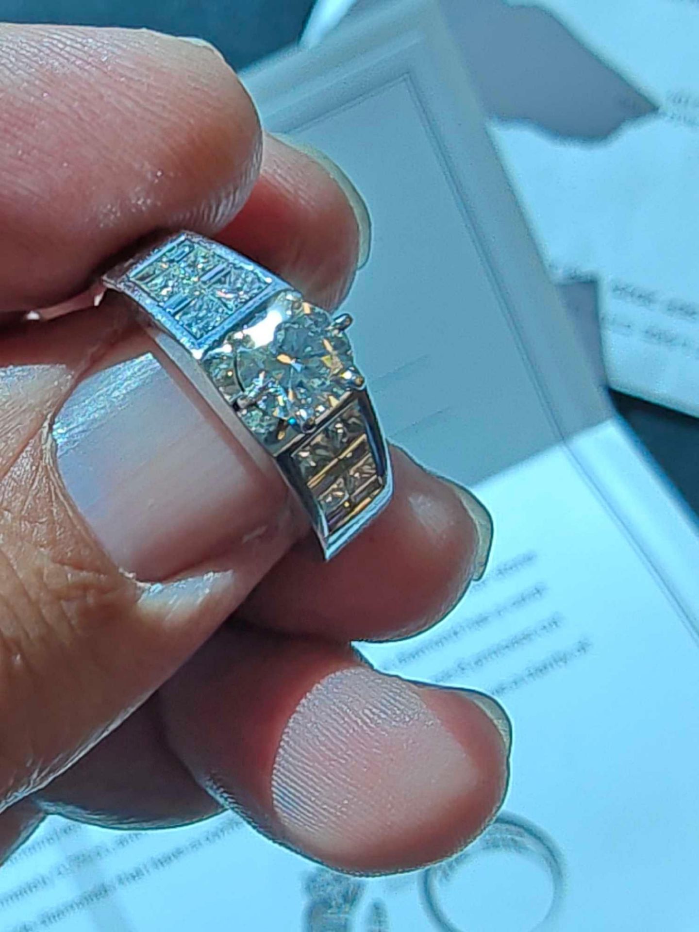 14kt white gold engagement ring, size .75 carat with 8 princess and 8 baguette side cuts with apprai - Image 3 of 11