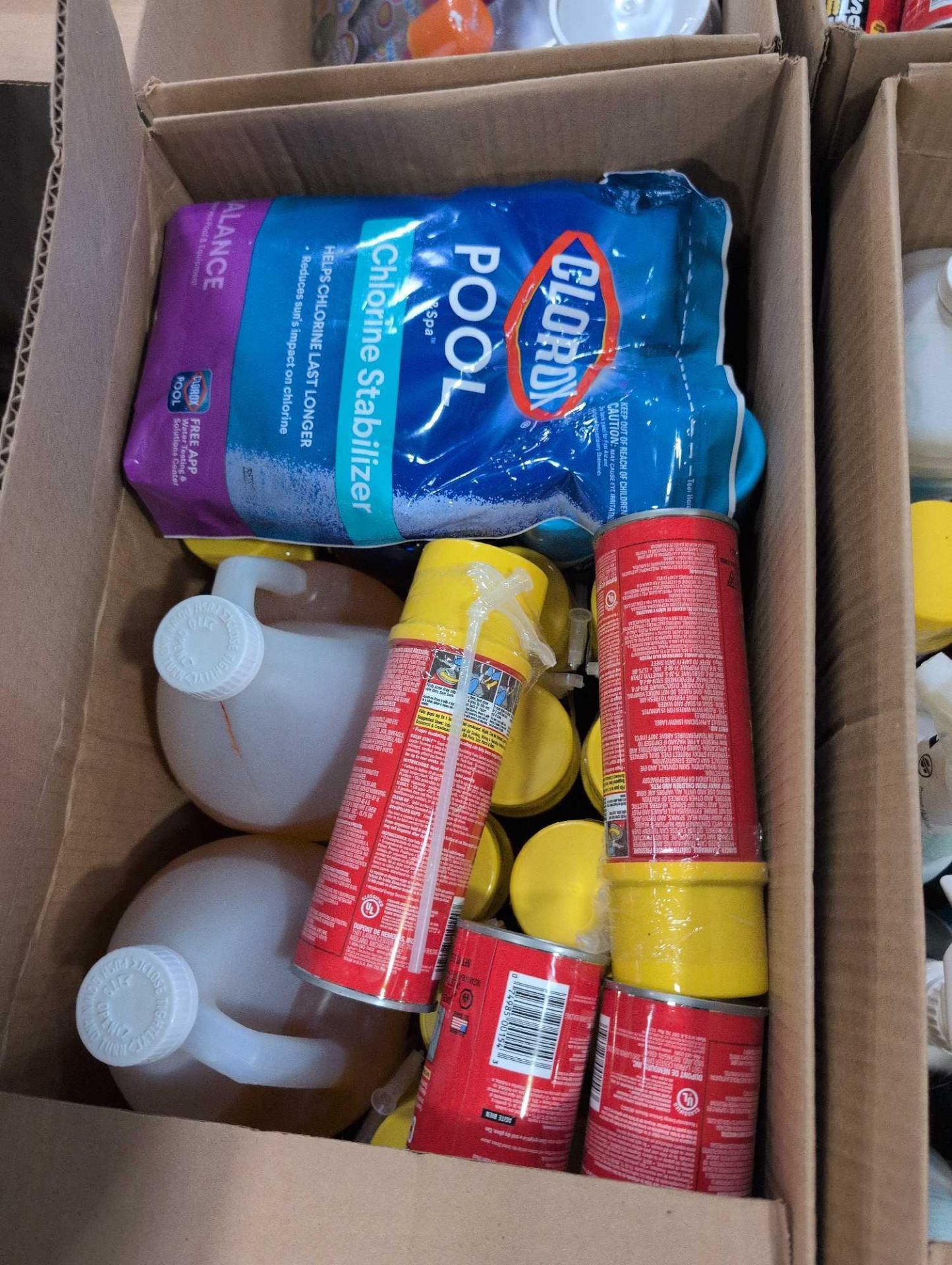 Multiple boxes: great stuff gap filler, soft soap, cleaner, deodorant ...