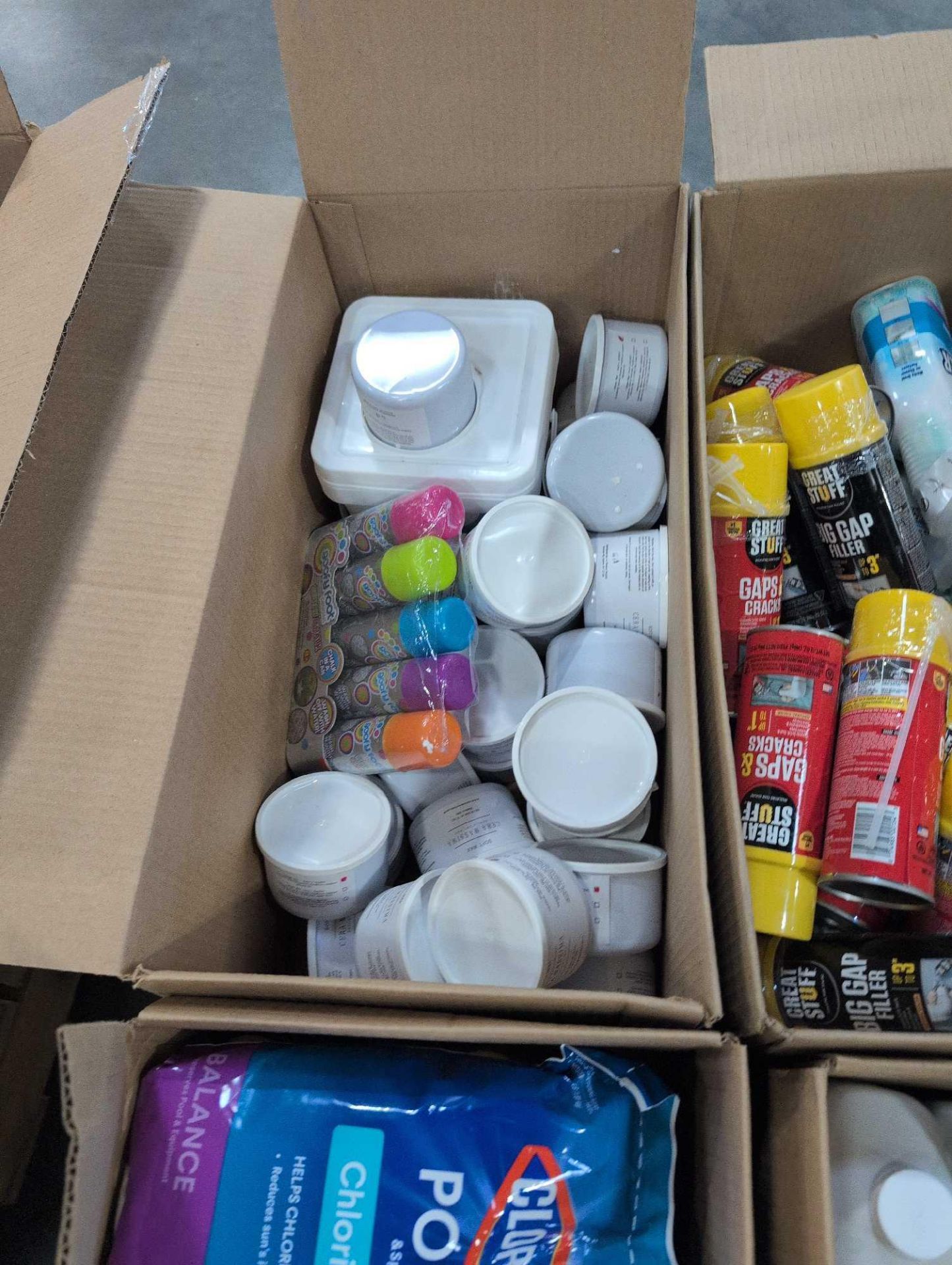 Multiple boxes: great stuff gap filler, soft soap, cleaner, deodorant ...