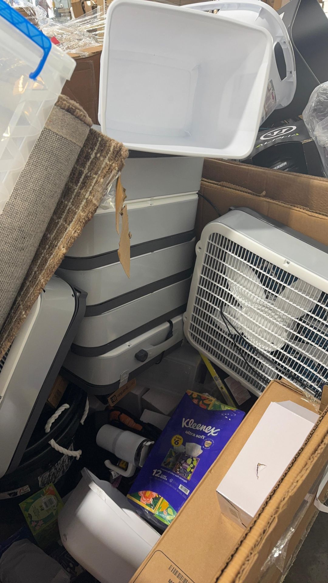 Box fans, garbage heater, stacking storage boxes, Kleenex, quilt, large ...