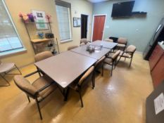Three tables, 12 chairs and bakers rack