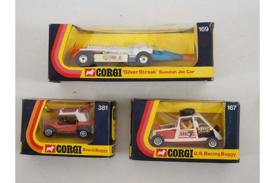 A group of CORGI unusual race cars comprising a #167 U.S. Racing Buggy, a #169 'Silver Streak' - Image 1 of 8