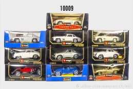BBurago Modellautos, dabei Porsche 356B Coupé, Mercedes Benz SSK, Jaguar "E" usw., ...