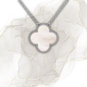 Magic Alhambra Style Pendant In Rhodium Plated 18k White Gold With White Mother-of-pearl