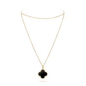 Magic Alhambra Style Long Necklace In 18k Yellow Gold With Onyx