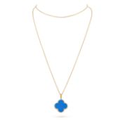Magic Alhambra Style Long Necklace In 18k Yellow Gold With Blue Agate