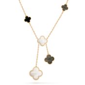 Magic Alhambra Style Necklace In 18k Yellow Gold With Mother-of-pearl And Onyx