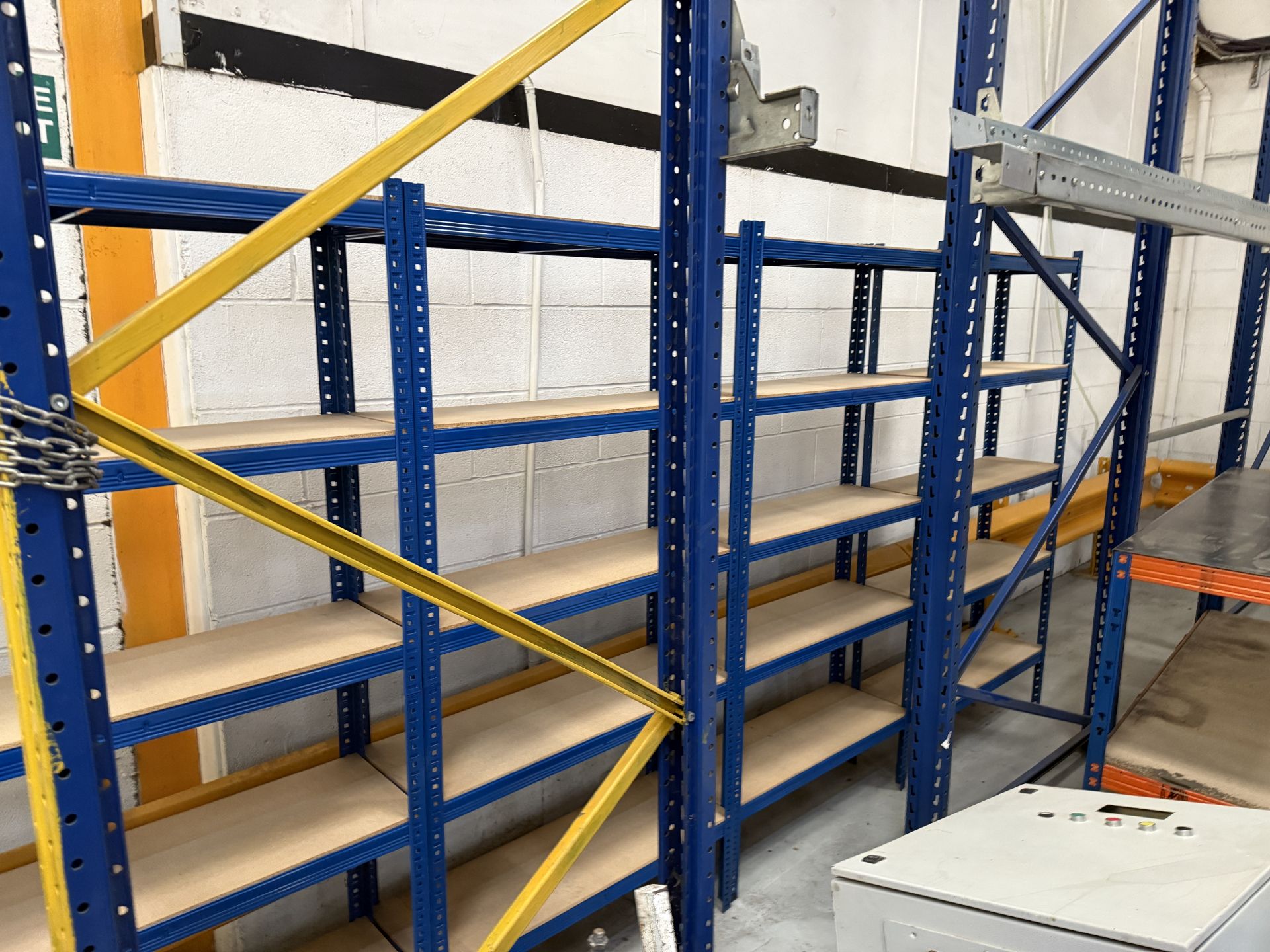 5 x Racks approx. 900 mm x 300 mm x 1.75 m high. 5-shelf. Lift out: £150.