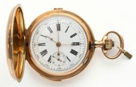 (11) GOLDENE SAVONNETTE TASCHENUHR MIT VIERTELREPETITION AUF GLOCKEN UND CHRONOGRAPH, UM 1900