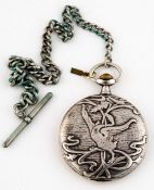 (128) OMEGA, SAVONNETTE AUS SILBER MIT VOGEL UND PFLAZENMOTIV, UM 1910