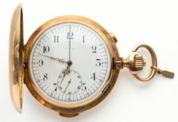 (155) GOLDENE INVICTA SAVONNETTE TASCHENUHR MIT VIERTELREPETITION UND CHRONOGRAPH, UM 1900