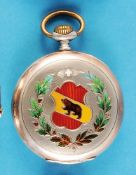 A silver enamel pocket watch with the enamel coat of arms of the city of Bern,