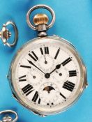 Large silver pocket watch with moon phase calendar,