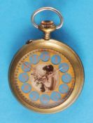 A metal pocket watch with an early photograph of a lady's portrait with roses,