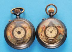 Pair of 2 burnished Roskopf pocket watches with pendulum automaton,