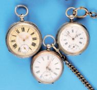 Konvolut mit 3 Silbertaschenuhren mit Zylinderwerken und Schlüsselaufzug